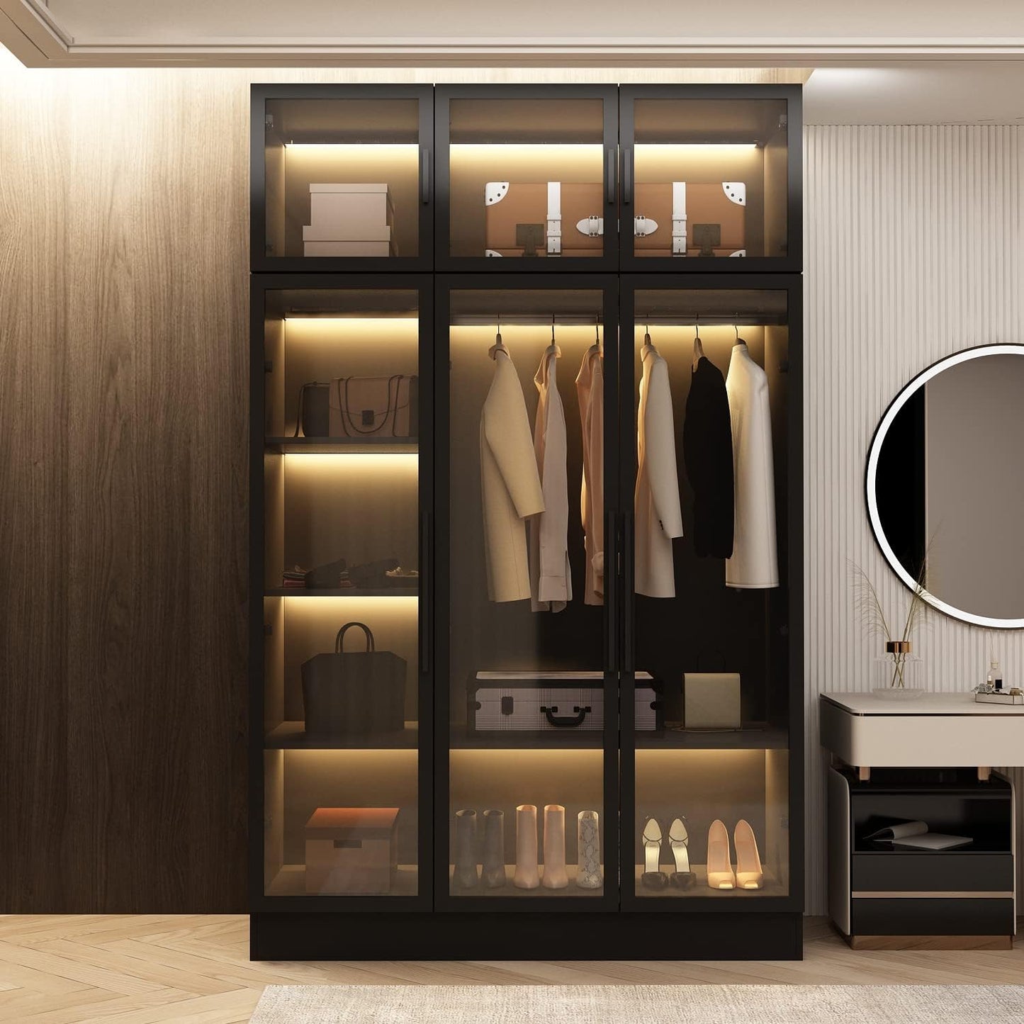 Armario Elegante con Puertas de Vidrio y Tiras de Luz LED GlowLuxury™